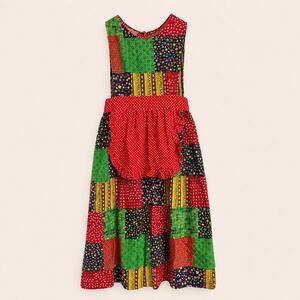 Vintage Design House Apron Pinafore Dress 60 70s Red Green Patchwork Floral O/S